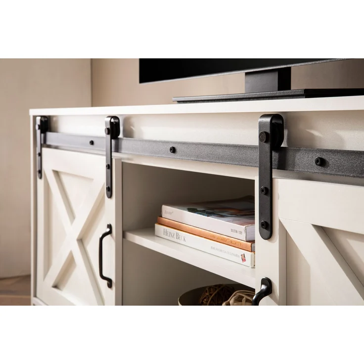 FineBuy Lowboard Weiß 150x59,5x39,5 cm TV-Kommode Landhaus-Stil Modern, Design TV-Schrank Hoch, Fernsehtisch Fernsehschrank mit zwei Schiebe-Türen, Fernsehkommode Wohnzimmer – Bild 4