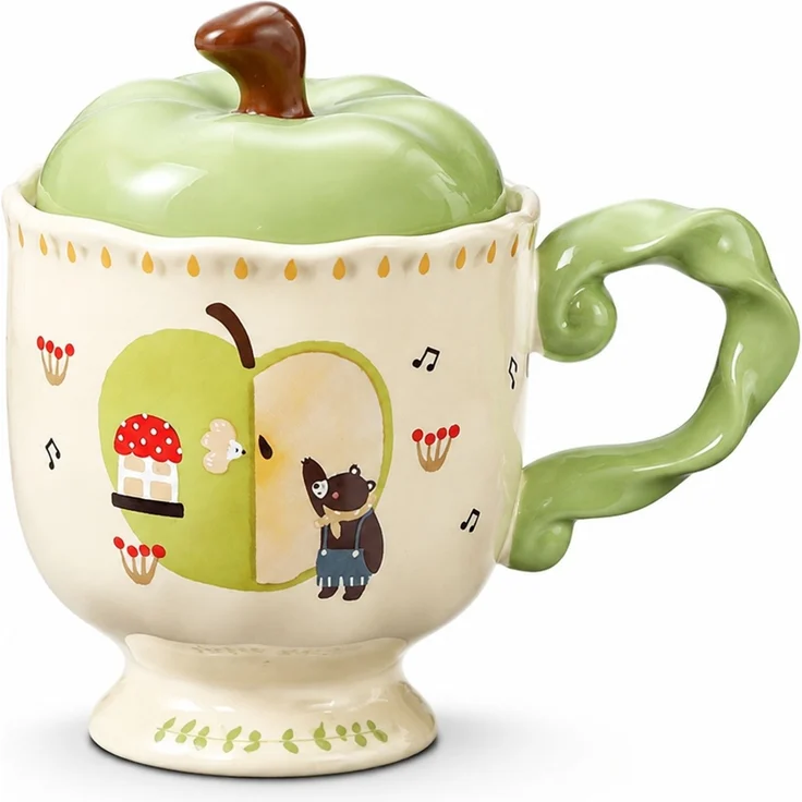 Keramiktasse in Apfelform mit Deckel, Kaffeetasse Trinkbecher, Grün, 14 x 10 x 14 cm – Bild 1