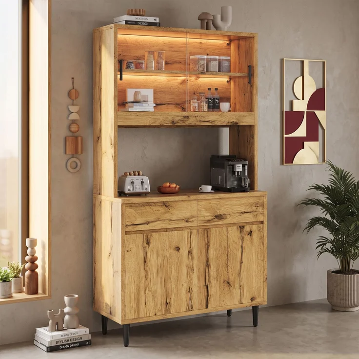 Buffetschränke, Esszimmer-Hochschrank 100*40*185 cm, mehrstufigem Stauraum, integrierter Steckdose sowie USB-C- und USB-A-Anschlüssen,Mit farbigem Lichtstreifen, Eichenfarbe – Bild 4