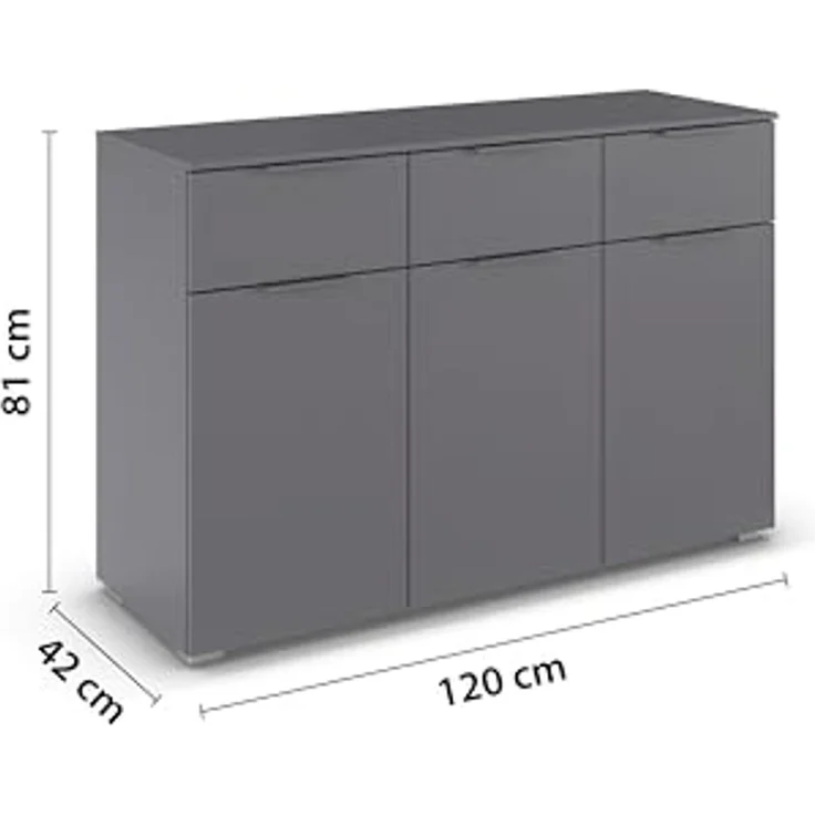 Rauch Möbel Alabama, Kommode für Schlafzimmer, Kinderzimmer, Garderobe, Flur, 3-türig, mit 3 Schubladen, Soft-Close-Funktion, Farbe Grau metallic, Schwarz, Maße 120x81x42cm – Bild 3