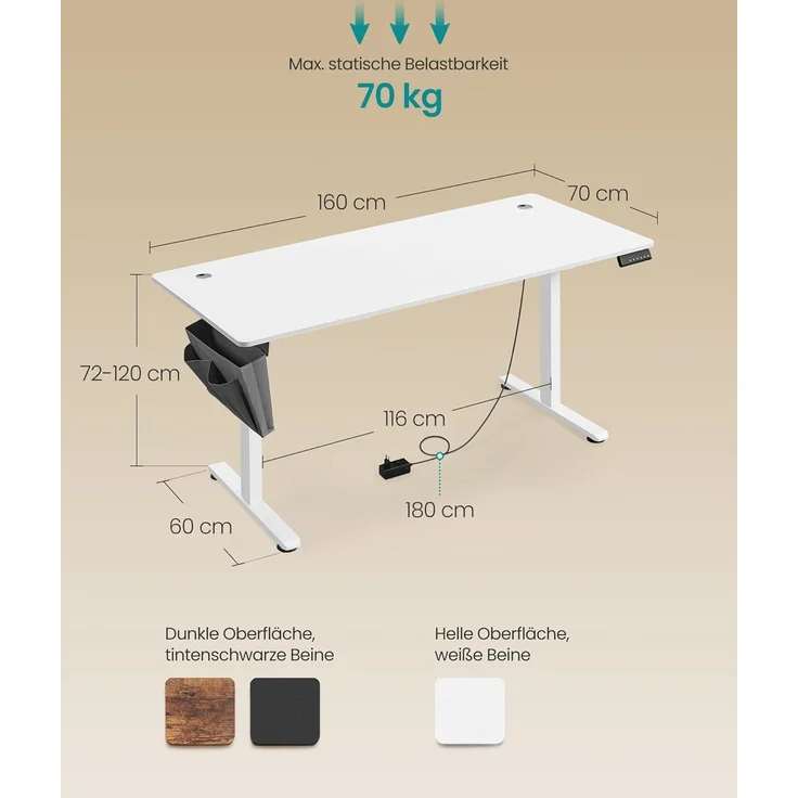Songmics Höhenverstellbarer Schreibtisch elektrisch, 70x160 x (72-120) cm, Verstellbarer Tisch, Memory-Funktion für 4 Höhen, für Homeoffice, Arbeitszimmer, wolkenweiß LSD136W01 – Bild 2