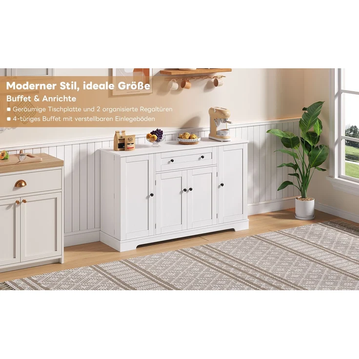 Buffet-Anrichte 85x40x138 cm mit Schublade, Regaltüren und verstellbaren Einlegeböden in Weiß – Bild 7