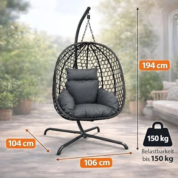 BURI Hängesessel mit Gestell | Robuster Hängestuhl in Anthrazit | Hängeschaukel für Indoor und Outdoor | Balkon Hängekorb Inkl. Kissen | leichter Aufbau – Bild 3