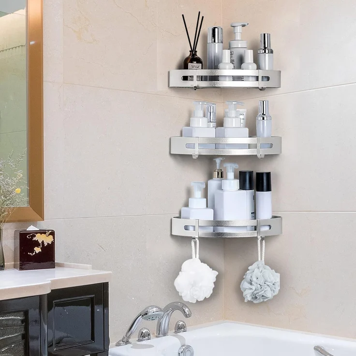 Yorbay Duschablage Duschregal ohne Bohrung, 3 Stücke Duschablage Eckregal Duschkorb, Mit Montagestoff, mit Haken, Dreieck Badregal aus Aluminium für Badezimmer Bad Küche Toilette – Bild 7