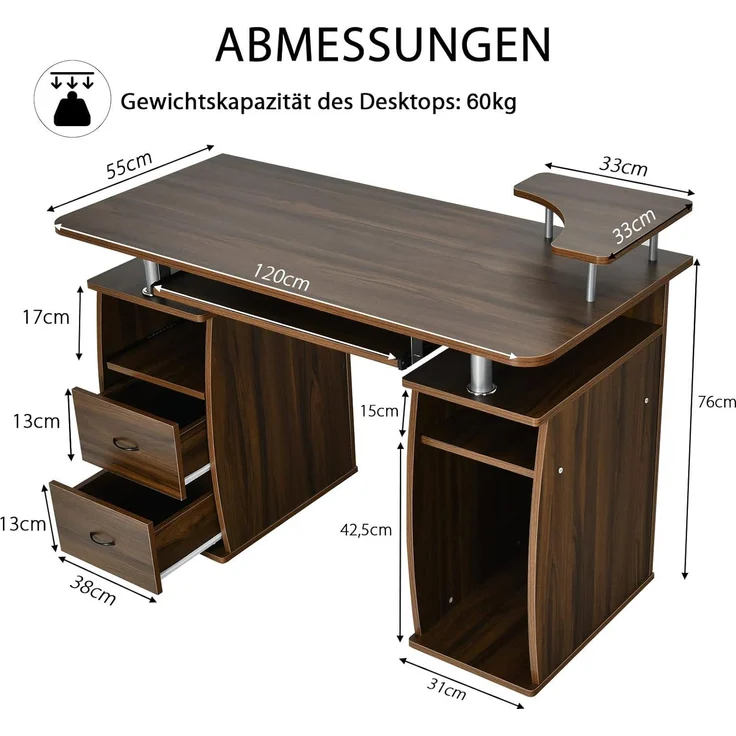 COSTWAY Computertisch Schreibtisch Buerotisch Arbeitstisch PC-Tisch mit Tastaturauszug Druckerablage Schubladen Walnuss – Bild 3