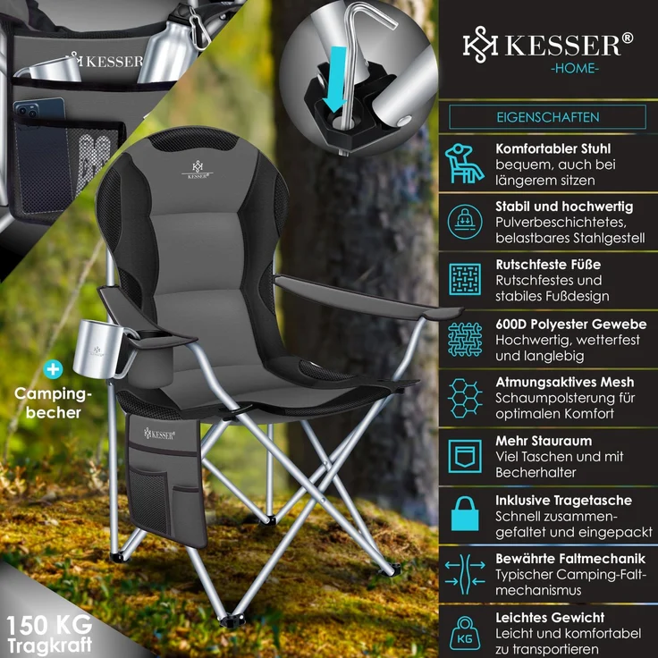 KESSER® Campingstuhl faltbar bis 150 kg Angelstuhl Faltstuhl Klappstuhl Gepolstert mit Armlehnen, Getränkehalter + Tasche mit hoher Rückenlehne, Strandstuhl, Klapphocker Anthrazit / Schwarz – Bild 2