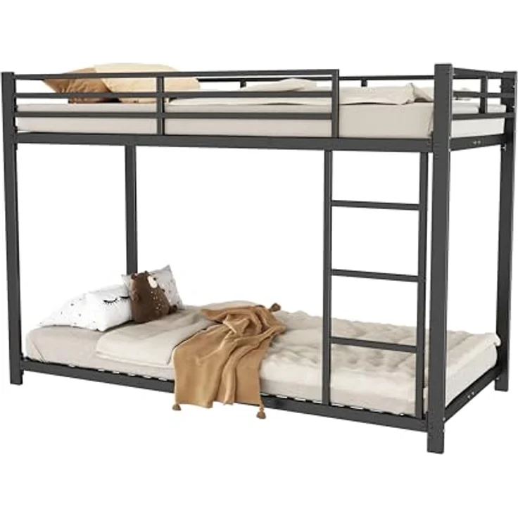 FAVSH Etagenbett 90x200 cm, stabiles Metallbett mit Leiter und Sicherheitsgeländer, Hochbett für 2 Kinder mit Lattenrost, Stockbett für Erwachsene und Jugendliche, Platzsparendes Bettgestell, Schwarz – Bild 3