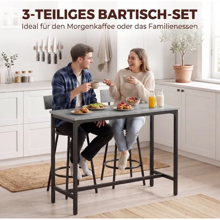 Bartisch-Set 100 x 40 x 90,5 cm mit 2 gepolsterten Barhockern und Fußstützen – Grau – Bild 8