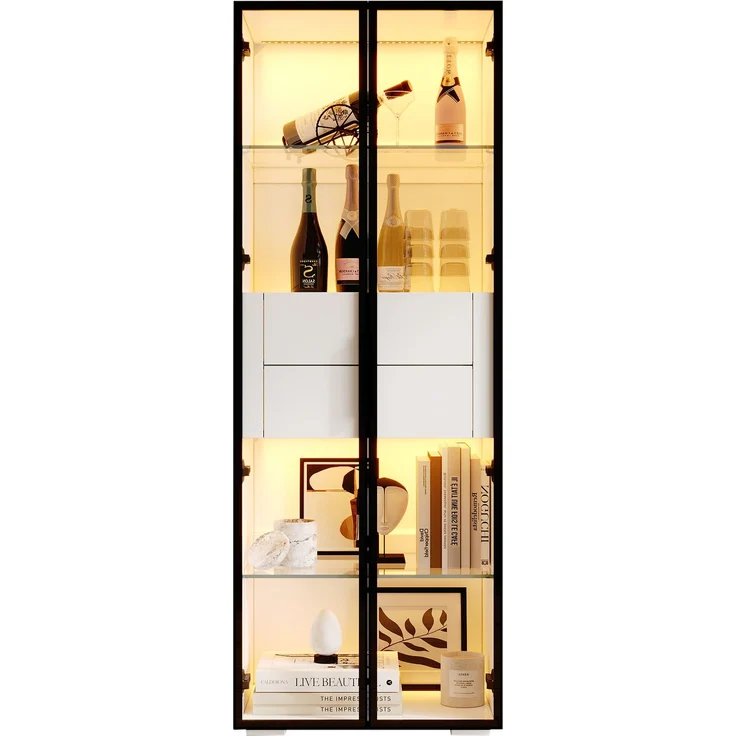 60*40*160cm Schrank,Vitrine Schranktür aus gehärtetem Glas,Vitrine Lagerschrank mit LED,2Glasboden,2Schubladen,Highboard,Wohnzimmerschrank,Aufbewahrungsschrank,Hochschrank,Sofaschrank,Weiß--Weiß + Schwarz--60x40x160cm--YOUDENOVA – Bild 10