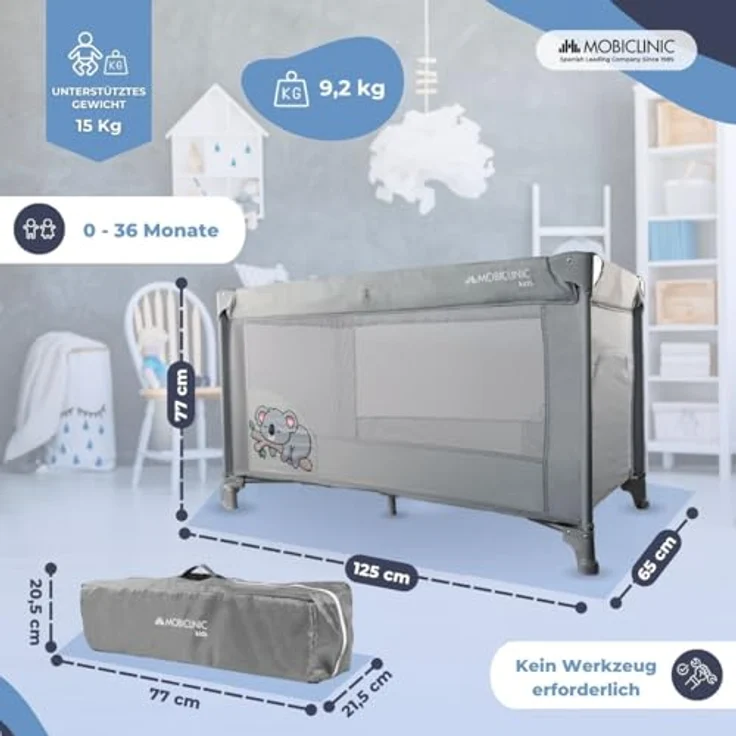 Mobiclinic®, Reisebett, Tragetasche, 2 in 1, Ultrakompakt faltbar, Herausnehmbare matratze, Mofli, Bis zu 15kg, Atmungsaktives gewebe, Seiteneingang mit reißverschluss, Baby laufstall (grau) – Bild 3