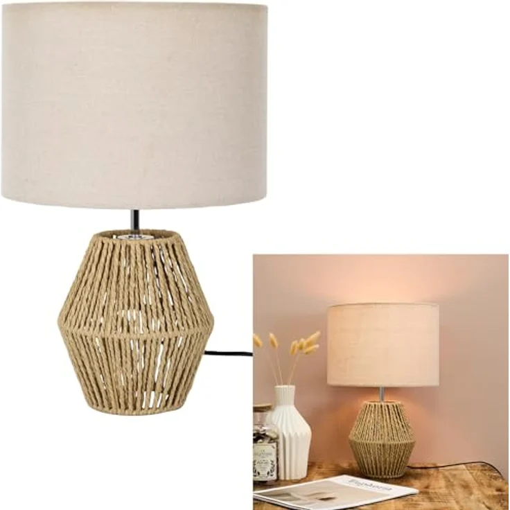 HOME DECO FACTORY, LA0111, Tischlampe im Bohemian-Chic aus geflochtenem Seil und beigem Lampenschirm, ideal für Wohn- oder Schlafzimmer, warme Atmosphäre, Größe H35 cm, natürliche Farbe – Bild 3