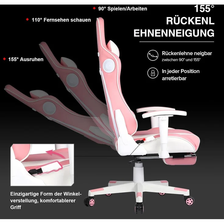 GTPLAYER Gaming Stuhl Gamer Stuhl mit Fußstütze Bluetooth Lautsprecher Ergonomischer Bürostuhl Computerstuhl Schreibtischstuhl PC Stuhl mit verstellbare Rückenlehne 150 kg Belastbarkeit pink – Bild 5