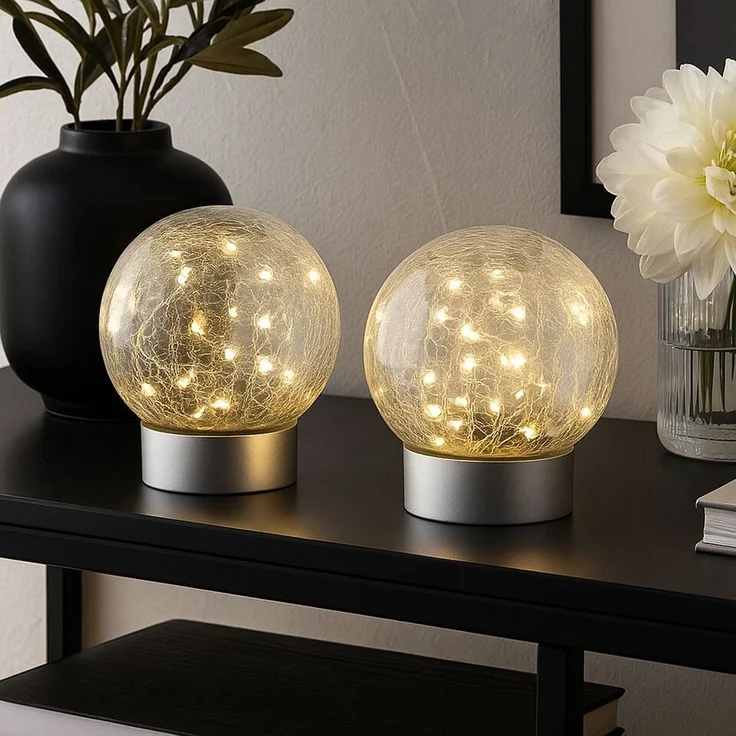 GLOBO LIGHTING LED Tischleuchte, LED-Leuchtmittel fest verbaut, Warmweiß, Tischleuchte Tischlampe Dekolampe silber IP44 Bruchglas LED 2er Set – Bild 5
