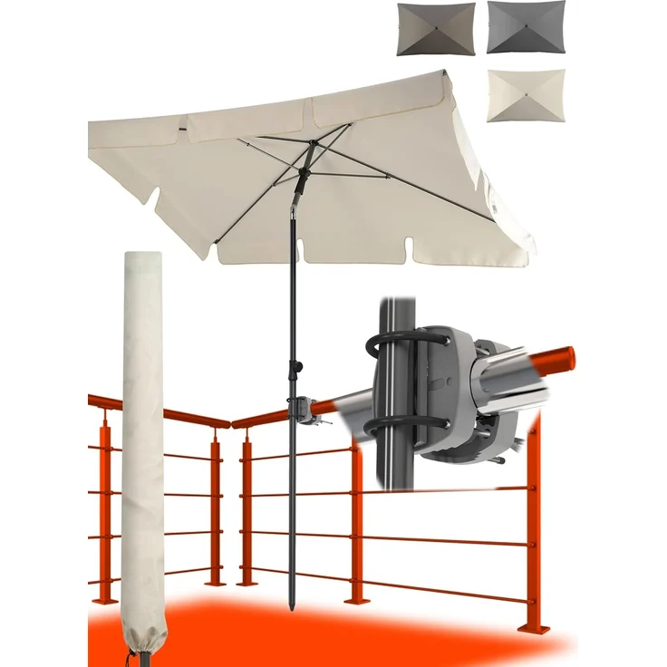 4smile Sonnenschirm Balkon SunnyShade, 3-in-1 SET, Beige - UPF 50+ Sonnenschirm rechteckig 200x125 cm + Sonnenschirmhalter Balkongeländer + Sonnenschirm-Schutzhülle - Sonnenschutz Balkon