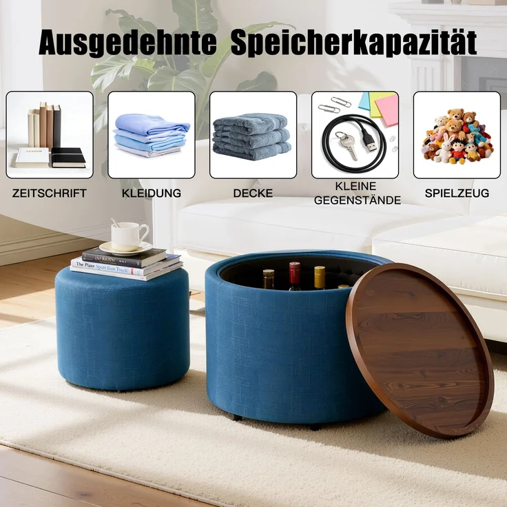 Hocker-Set, 2-teilig, 38x58x58 cm, Leinen Blau, Stauraum & Holztablett – Bild 8