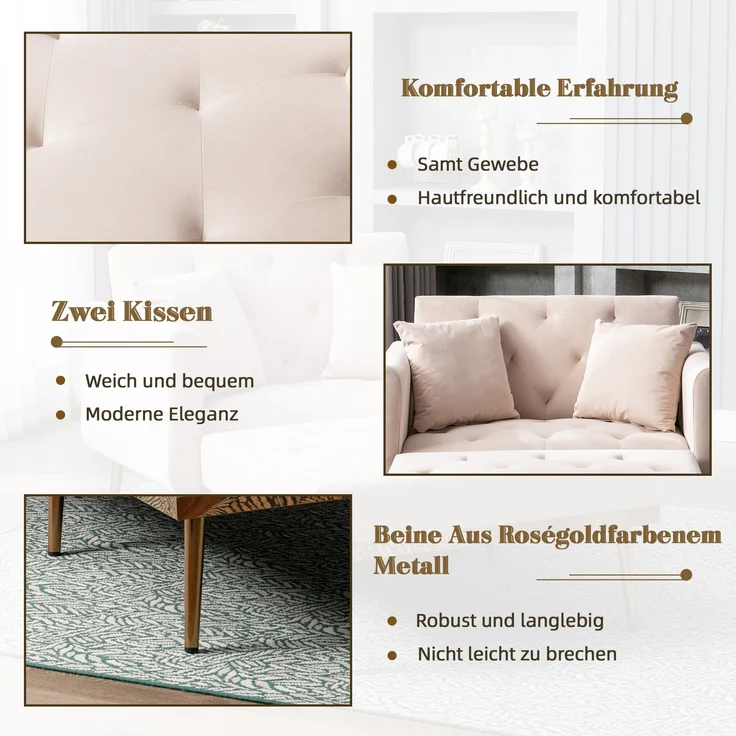 LVHOM Klappsofa mit Schlaffunktion, Schlafsofa Samtbezug mit goldenen Metallbeine, Klappbett Bettsofa Bettcouch, Chaiselounge, Beige – Bild 3