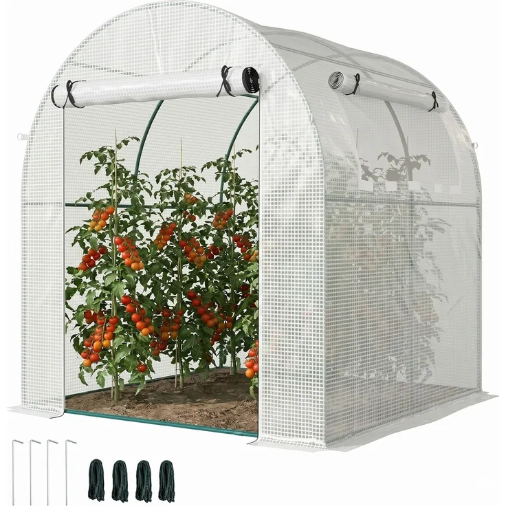 MELAYR, Gartengewächshaus 180 x 180 x 200 cm, kleines Tunnelgewächshaus mit Rolltor und Netzfenster, Weiß