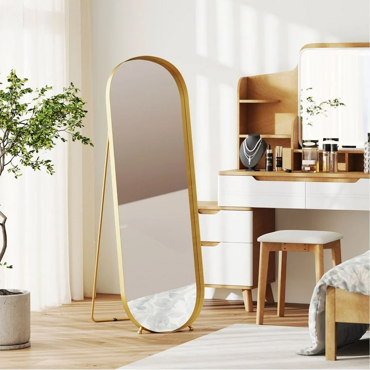 HOMCOM Standspiegel rechteckiger Ganzkörperspiegel mit abgerundeten Ecken (für Schlafzimmer, Wohnzimmer, 1-St, zum Aufstellen auf dem Boden oder an die Wand), 40 x 6 x 160 cm, Gold – Bild 5