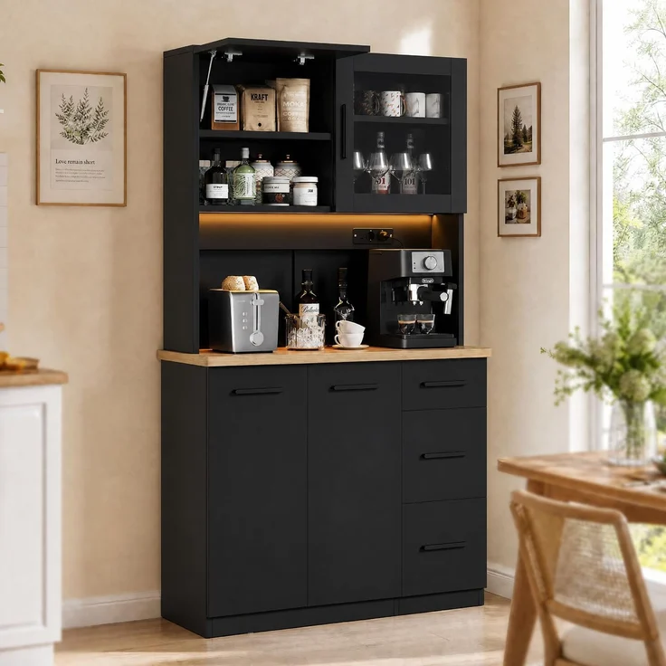 JUMMICO Küchenschrank mit Arbeitsplatte & Steckdose, Buffetschrank LED Soft-Close, Vorratsschrank Höhenverstellbar Verstärkte Rückwand, Mehrzweckschrank Küche Wohnzimmer (Schwarz*100CM)