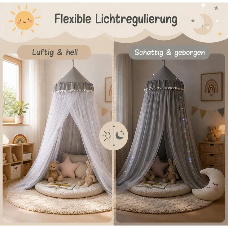 LMaxhome Himmelbett Doppellagiger, Betthimmel mit Moskitonetz, Lichtschutz für Kinder (1-tlg), 270 cm hoher Baldachin fürs Kinderzimmer, 65-cm-Ring, Deckenmontage – Bild 2
