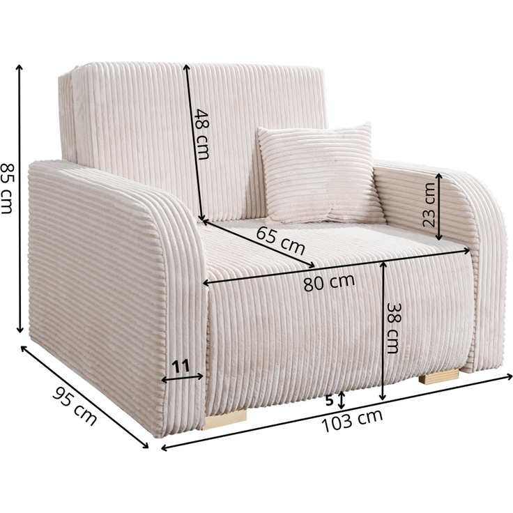 Wohnero24 Lirena 1 Schlafsessel mit Bettfunktion 80x195 cm – Cord Sessel ausziehbar 103x95 cm mit Bettkasten, kleines Gästebett, platzsparendes Einzelschlafsofa - Creme – Bild 9