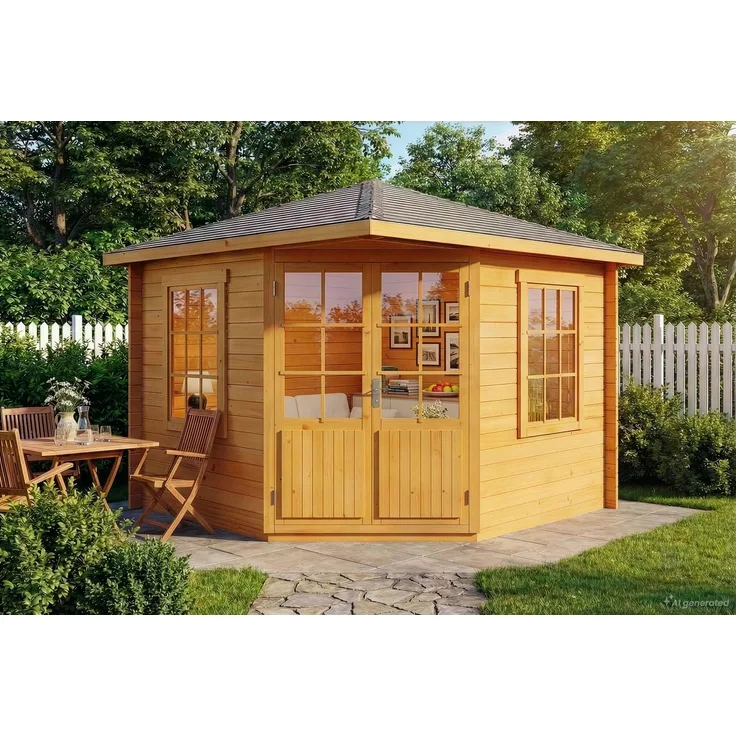 Alpholz 5-Eck Gartenhaus Monica Gartenhaus aus Holz in Pinie Holzhaus mit 28 mm Wandstärke Blockbohlenhaus mit Montagematerial