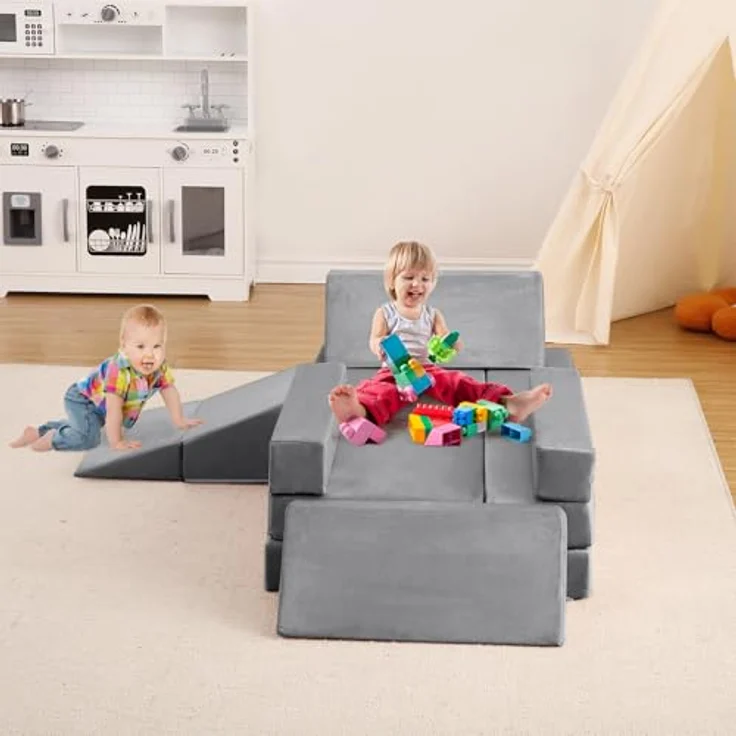 Kindersofa, 12 Stück, Sofa für Kinder mit Schaumstoffblöcken, dick, widerstandsfähig, mit verdecktem Reißverschluss, modulares Sofa, faltbar, Grau – Bild 5