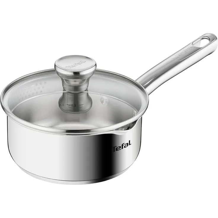 TEFAL DUETTO Stielkasserolle 16cm | A70522 | Edelstahl-Kochgeschirr | mit Siebdeckel und Ausgießhilfe | Messskalen | Induktionsgeeignet | umweltfreundlich