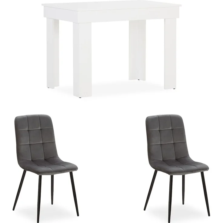 Esstisch mit 2 Stühlen Set Essgruppe Samt Polsterstühle Grau Küchentisch Weiß Modern Holz 90x60 cm Esszimmertisch Massiv