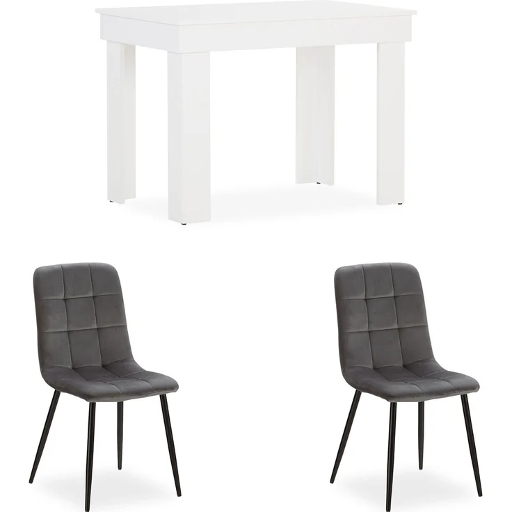 Esstisch mit 2 Stühlen Set Essgruppe Samt Polsterstühle Grau Küchentisch Weiß Modern Holz 90x60 cm Esszimmertisch Massiv – Bild 1