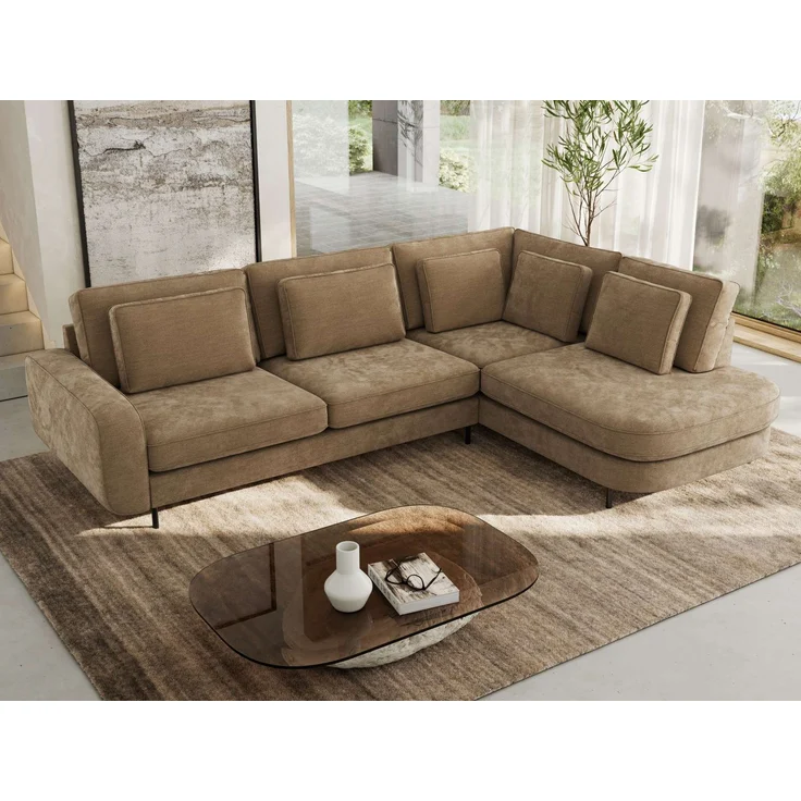 CALENO L-Form Ecksofa 317x225 cm, Massivholz-Rahmen & Wellenfedern, Sitzhöhe 51 cm, modernes Polstersofa rückenecht bezogen & freistehend - Braun Schenille glatt - Rechts Seite – Bild 4