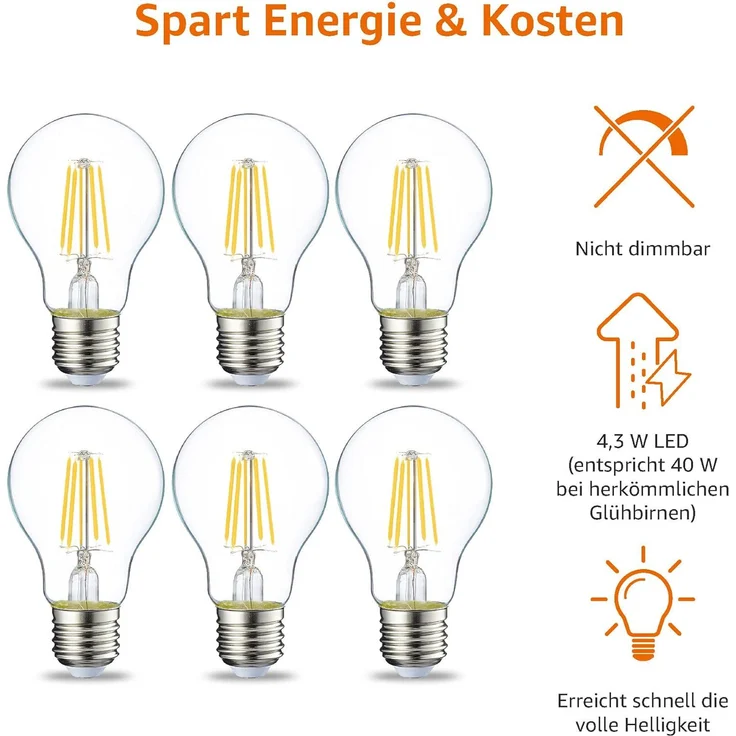 Amazon Basics LED-Leuchtmittel, Edison-Sockel E27, 4,3 W (entspricht 40-W-Glühbirne), nicht dimmbar, klares Filament, 6 Stück (1er Pack), Warmweiß – Bild 4