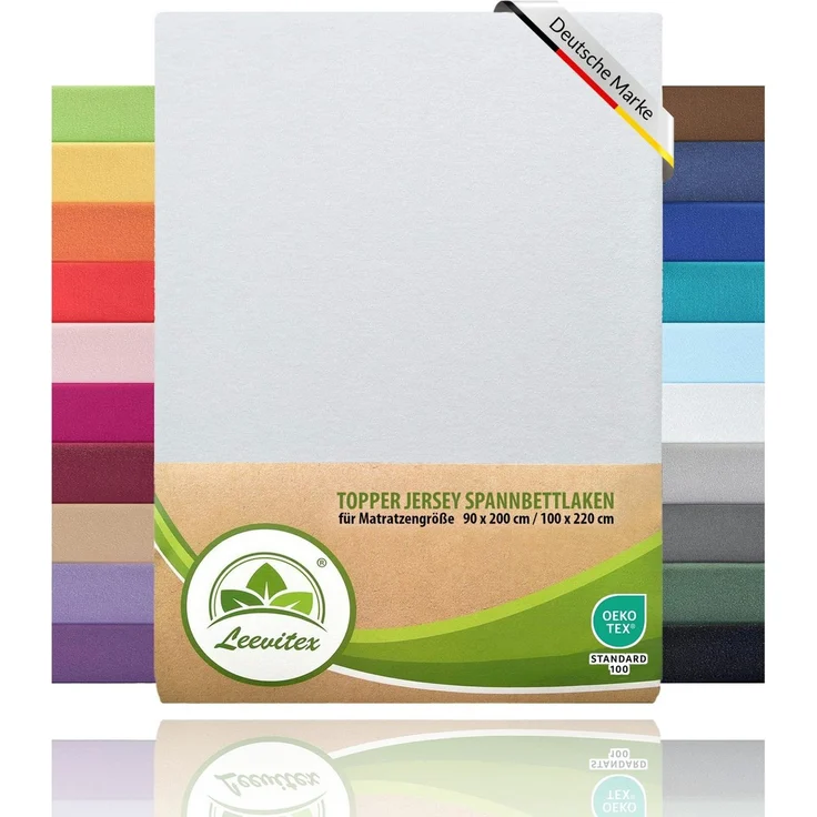 leevitex® Spannbettlaken, Premium 170g/m², Gummizug: rundum, schwer und dick, 100% Jersey-Baumwolle, Weiß, Topper | 90 x 200 - 100 x 220 cm