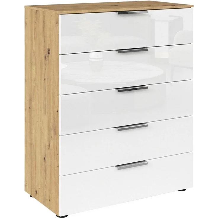 Rauch Möbel Flipp, Hochkommode mit viel Stauraum für Flur, Wohnzimmer, Schlafzimmer, Eiche Artisan/Glasfront Weiß, 5 Schubkästen, Griffe chrom, 80 x 100 x 42 cm – Bild 5