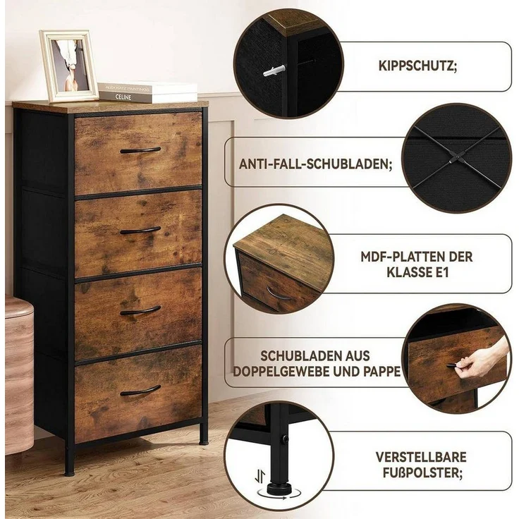 Woltu Kommode (1 St), schmal, mit 4 Schubladen aus Stoff, Sideboard – Bild 3