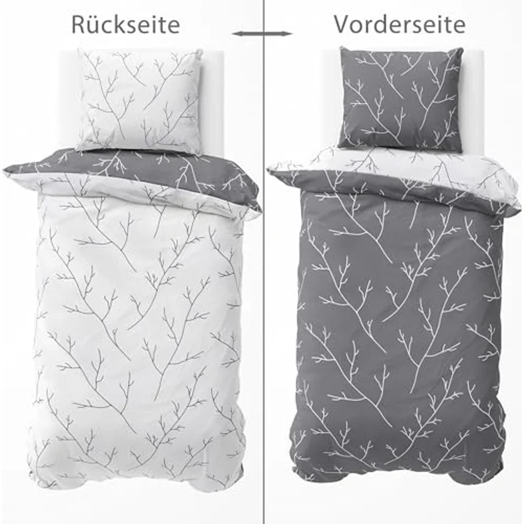 LINKHOFF Wendebettwäsche Biber Bettwäsche 135x200 / 155x220cm - Zweigemuster in Grau Weiß, Anthrazit Zweige 100% Baumwolle Bettwäsche-Set Aesthetic Floral – Bild 8