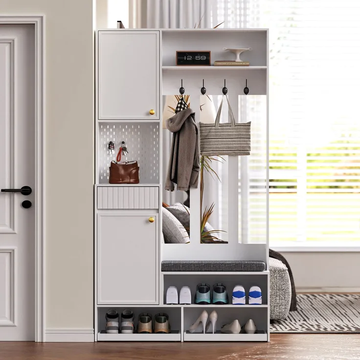 Garderobenset, Komplett-Set Flurgarderobe mit Sitzbank, 4 Haken, Türen & Schubladen - Weiß, Kompaktmaße 100×180×35 cm (B×H×T)