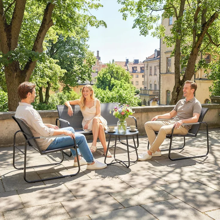 Wohnora-Gartenmöbel Set Sitzgruppe für 4 Personen Atmungsaktiv Gartenlounge mit 2er Sofa 2 Sessel Seilflecht Rund Tisch Fußpads,H 75cm x T 111cm x B 71cm,Grau – Bild 1