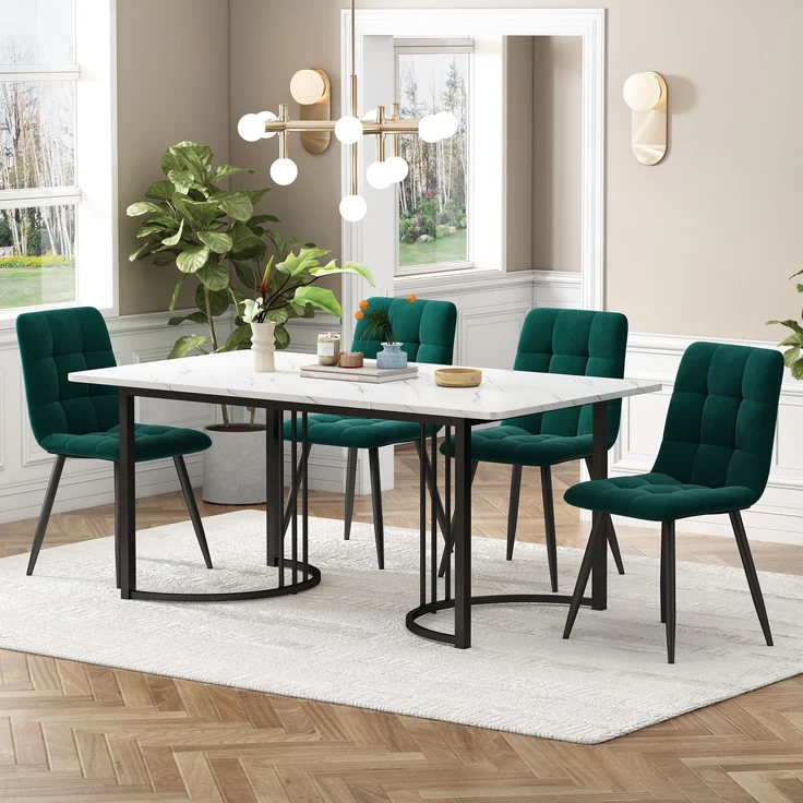 Essgruppe 5-tlg, Esstisch 140x80x75 cm & 4 dunkelgrüne Samtstühle – Bild 1