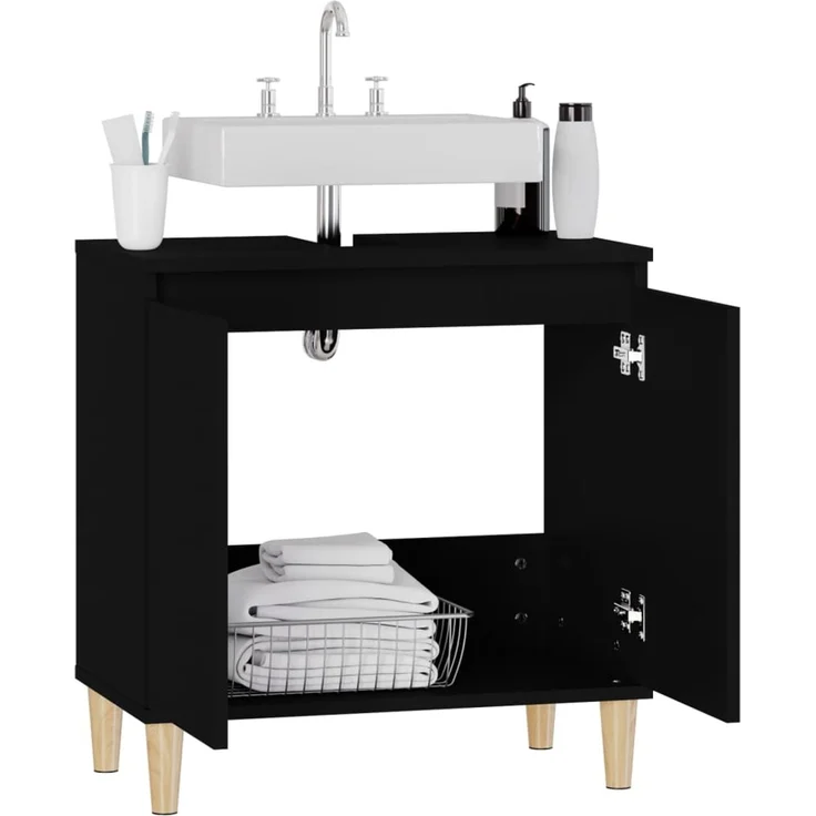 Waschbeckenunterschrank, Badschrank, Unterschrank Schwarz 58 x 33 x 60 cm Holzwerkstoff j299p – Bild 5