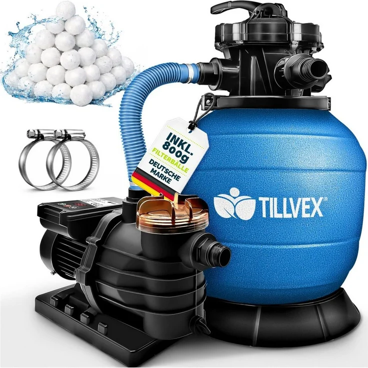 tillvex Sandfilteranlage 10 m³/h Filteranlage + 800g Filterbälle 7-Wege Ventil Poolfilter, Filterkessel mit Druckanzeige Sandfilter für Pool und Schwimmbecken – Bild 1