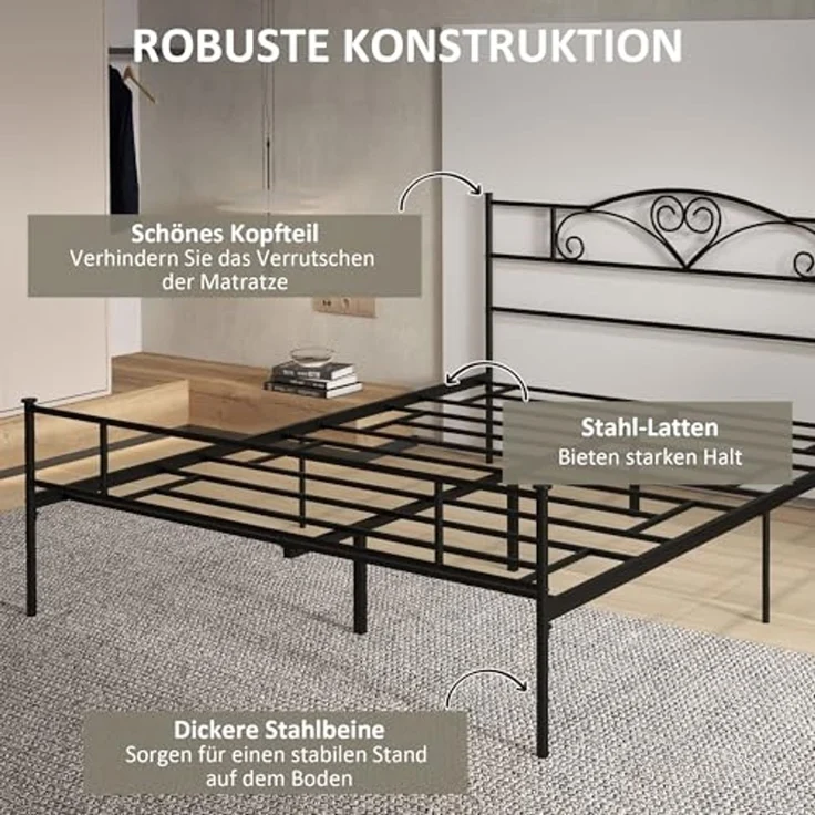 HOMCOM Bettgestell (Bettrahmen, 1-tlg, Bettregal), Robuste Metallstruktur, geräuschlos – Bild 6