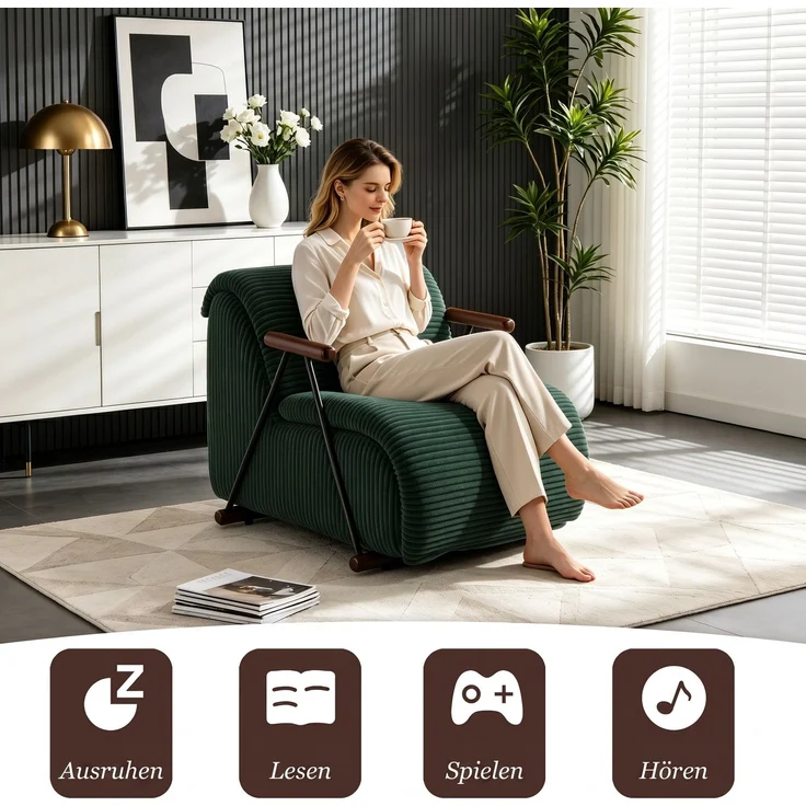 LVHOM Relaxsessel mit Lattenrost, ergonomischer Fernsehsessel, gepolsterter Loungesessel mit Armlehnen, XXL Lesesessel für Wohn- und Schlafzimmer, Cord Grün – Bild 7