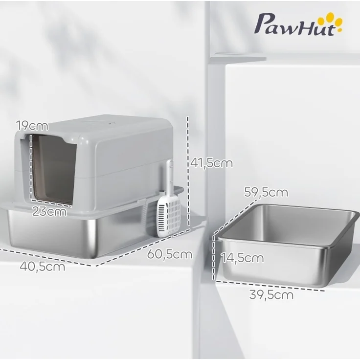 Katzentoilette aus Edelstahl mit Deckel und Streufilter, 40,5x60,5x41,5 cm, Grau – Bild 3