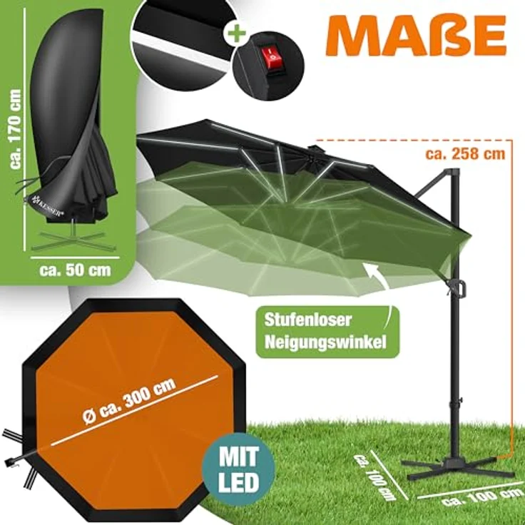 KESSER® Sonnenschirm Ampelschirm Sun Rund XL, Schwarz, Mit LED – Bild 3