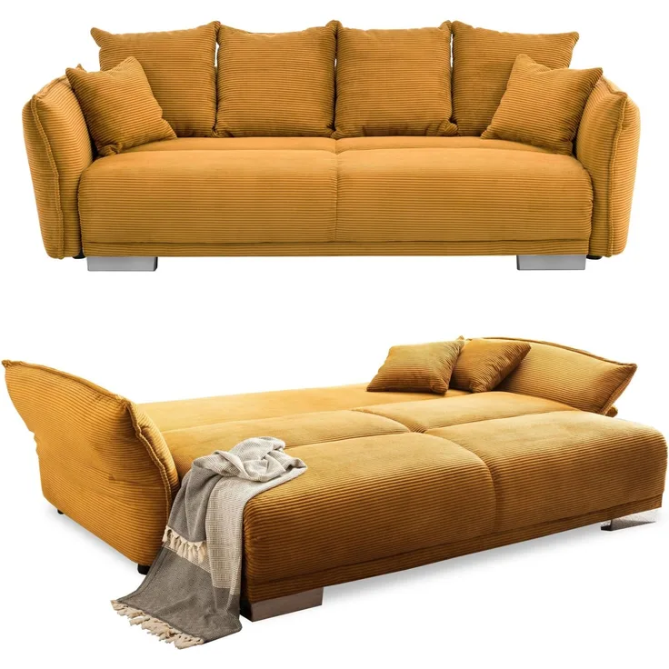 Big-Sofa 242x131 cm Gästebett Federkern Schlafcouch Stauraum Cord Gold Ockergelb