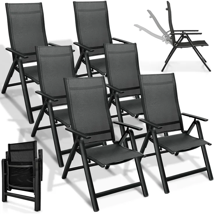 tillvex Gartenstuhl Premium 6 Stück Schwarz klappbar aus Aluminium | Hochlehner mit Armlehnen | Klappstuhl verstellbar | Klappsessel Balkon Garten Terrasse