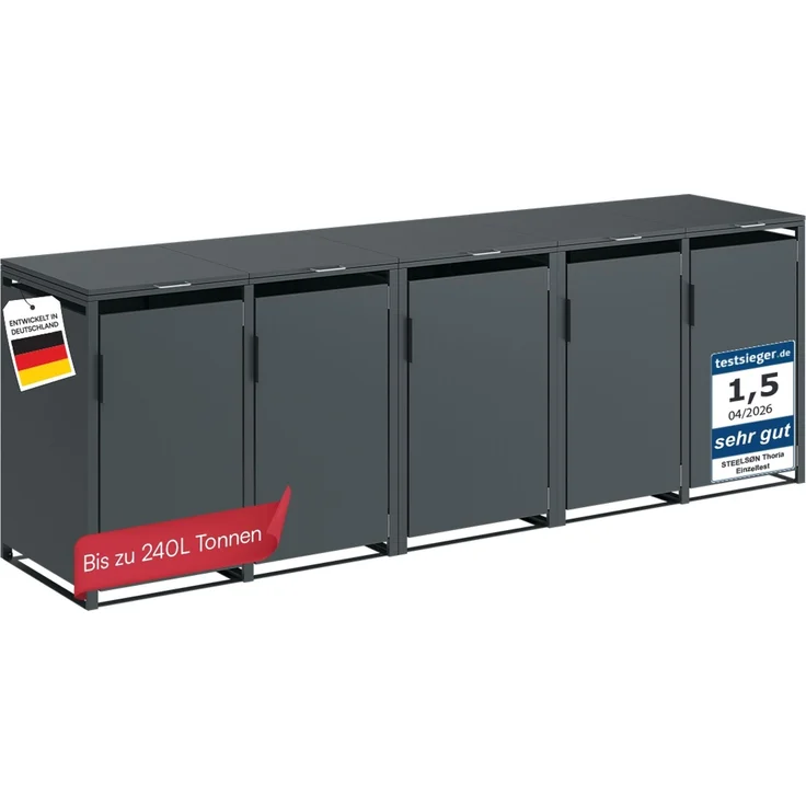 STEELSØN 'Thoria' Mülltonnenbox 5er je 240 Liter, anthrazit, Mülltonnenverkleidung aus Stahl, wetterfest, 116x80x337 cm, Müllbox für 5 Tonnen – Bild 1
