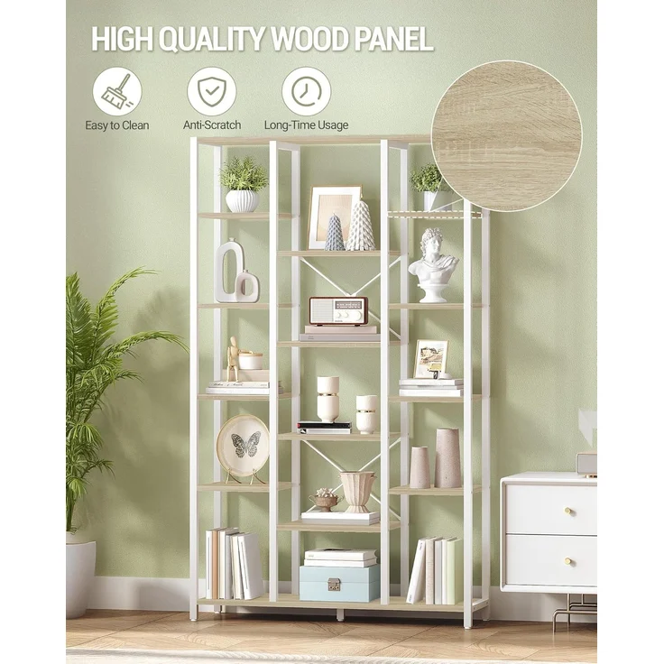 Bücherregal, Standregal mit 6 Ebenen 15 Ablagen, Verstellbare offene Ablagen, für Wohnzimmer, Büro, Schlafzimmer, 30 x 70 x 170cm, Weißeiche und Weiß – Bild 7