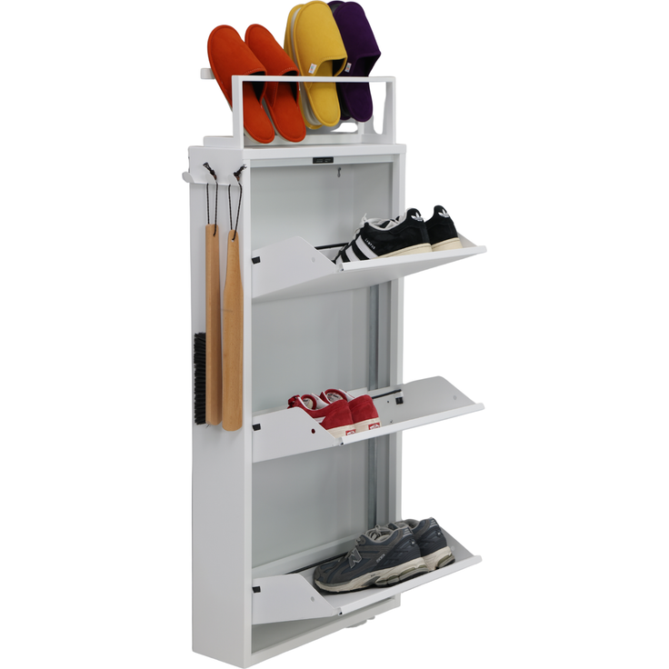 Schuhkipper mit Zubehör, Weiß, 3 Klappen 52x15x118,5 cm, Pantoffelregal, Hakenleiste – Bild 3